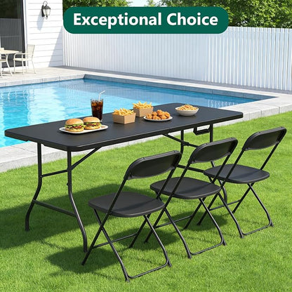 2 Pack 6FT Folding Table, Foldable Picnic Table with Carrying Handle, Heavy Duty Fold-in-Half Portable Table for Weddings, Camping, RV Travel, Parties, BBQs, Easy to Fold and Store, Black