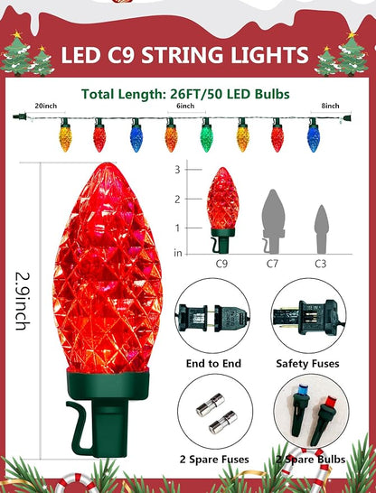 C9 Christmas Lights Outdoor, 26FT 50 LED Vintage Multicolor Plug in Fairy String Lights Waterproof, Connectable Christmas Tree Lights for Outside, House, Roofline, Yard, Garden Decor, Green Wire