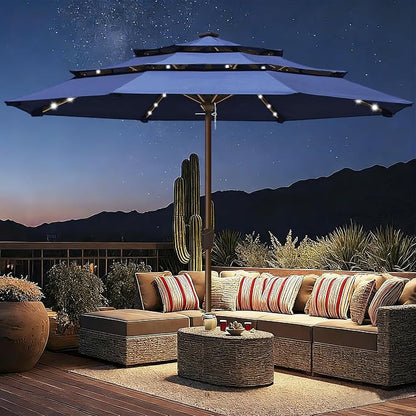 EliteShade USA 10-Year-Non-Fading 10ft 3-Tier Market Patio Umbrella, Commercial Table Umbrella with 80 Solar LED Lights, Crank Open, Windproof & UPF 50+ UV Protection for Garden, Deck, Pool, Backyard, No Tilt, Navy Blue