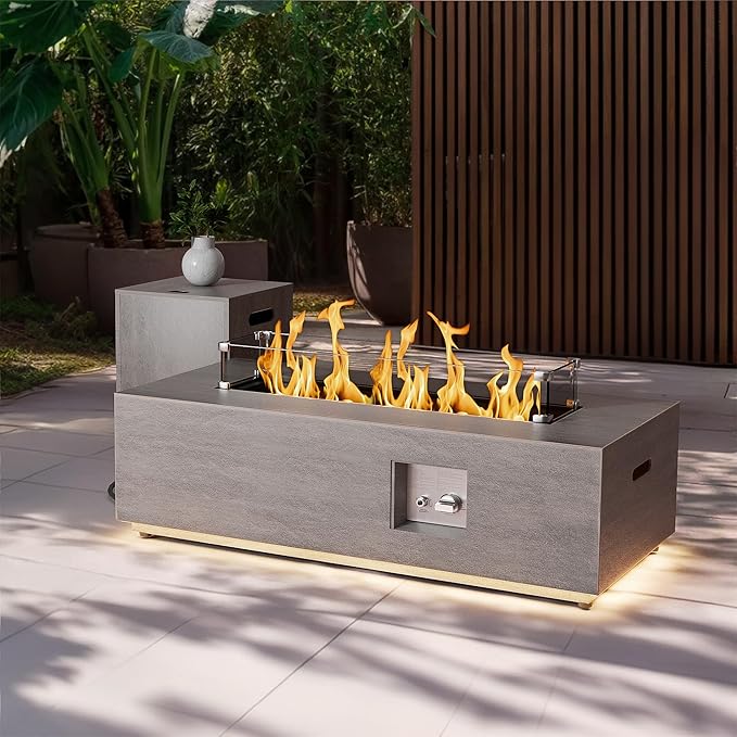 SUNPEAK 42" Modern Fire Pit Table with LED Light 50,000 BTU Deck Fire Pit Table Includes Wind Guard, Lid, Rocks & Cover - Propane Gas Patio Fireplace, Chimenea para Patio (Grey/Golden Light, 42" LED)