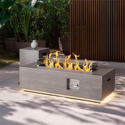 SUNPEAK 42" Modern Fire Pit Table with LED Light 50,000 BTU Deck Fire Pit Table Includes Wind Guard, Lid, Rocks & Cover - Propane Gas Patio Fireplace, Chimenea para Patio (Grey/Golden Light, 42" LED)