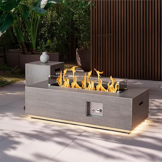 SUNPEAK 42" Modern Fire Pit Table with LED Light 50,000 BTU Deck Fire Pit Table Includes Wind Guard, Lid, Rocks & Cover - Propane Gas Patio Fireplace, Chimenea para Patio (Grey/Golden Light, 42" LED)