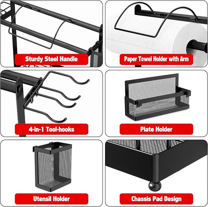 Grill Caddy for Outdoor Grill, BBQ Caddy with Camping Paper Towel Holder and Plate Holder, Picnic Utensil Condiment Kitchen Organizer for Camper, RV Patio Tailgate Essentials, Grilling Gifts for Men