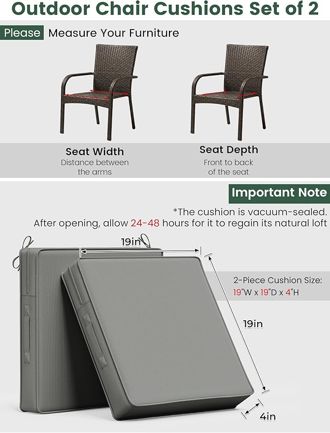 Outdoor Chair Cushion 19 x 19 x 4 Inches Patio Furniture Outdoor Waterproof Seat Cushion, Patio Chair Cushion with Handles and Ties, Square Dining Chair Cushion Set of 6, Light Grey
