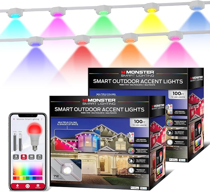 Monster Smart Permanent Outdoor Lights, 200ft, 144 LED Eaves Lights, RGB+IC+WW, Weather & Water Resistant, App & Voice Control, Compatible with Alexa and Google, for Patios, Gardens & Year-Round Use