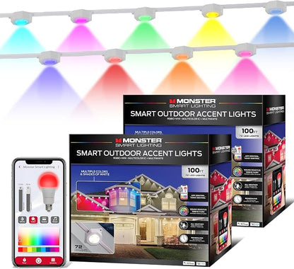 Monster Smart Permanent Outdoor Lights, 200ft, 144 LED Eaves Lights, RGB+IC+WW, Weather & Water Resistant, App & Voice Control, Compatible with Alexa and Google, for Patios, Gardens & Year-Round Use