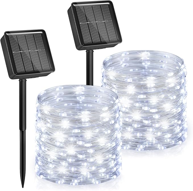 Solar String Lights, 2 Packs Total 66Ft 200 LED Fairy Lights Pure White | IP65 Waterproof Twinkle Lights with 8 Modes, Patio Lights for Tree Outside Patio Yard Party Wedding Christmas Decoration