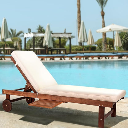 JONATHAN Y Seabrook 23.62" x 68.9" Acacia Wood Outdoor Chaise, Dark Brown | 5-Position Adjustable Back, Ivory Polyester Cushion, Pull-Out Side Table, Built-In Wheels, 600lb Capacity, Modern Coastal