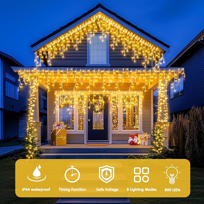 JMEXSUSS Christmas Icicle Lights for Outside,800 LED Warm White | Icicle Lights Plug in Outdoor Waterproof , String Lights for House Eave Wedding Party Christmas Decoration
