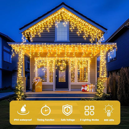 JMEXSUSS Christmas Icicle Lights for Outside,800 LED Warm White | Icicle Lights Plug in Outdoor Waterproof , String Lights for House Eave Wedding Party Christmas Decoration