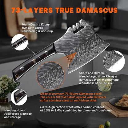 Damascus Meat Cleaver, Serbian Chef`s Knife, 7.58" 73 Layers Steel Blade Kitchen Bone Chopping Axe Hatchet, Ebony Wood Handle, Premium Leather Sheath and Gift Box included