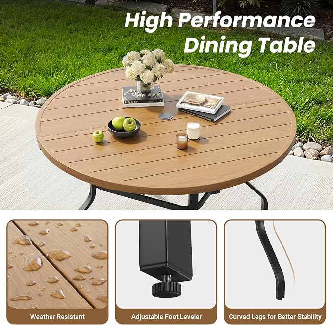 Round Outdoor Patio Dining Table, 47" Round Patio Table Wood-Like Grain with 1.57" Umbrella Hole, Metal Outdoor Dining Tables for Backyard and Poolside
