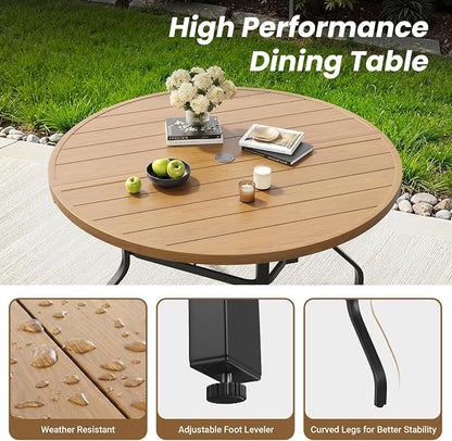 Round Outdoor Patio Dining Table, 47" Round Patio Table Wood-Like Grain with 1.57" Umbrella Hole, Metal Outdoor Dining Tables for Backyard and Poolside