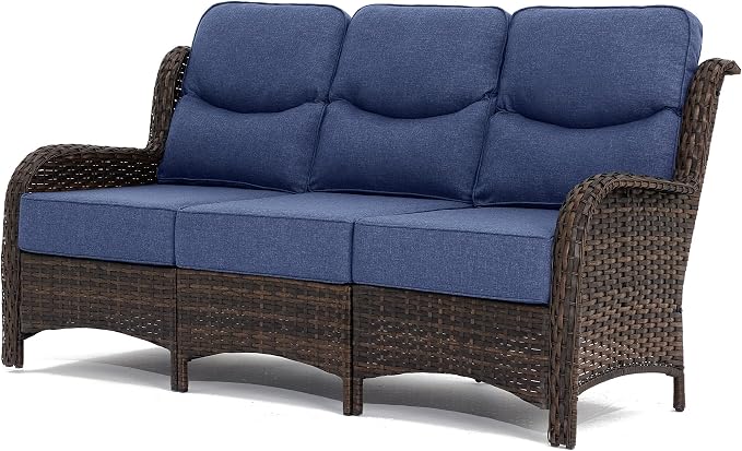 HILLGA Luxury Outdoor Furniture High Back Patio Sofa, Oversized 3-Seater Couch with 6'' Thick Cushions, Ideal for Porch, Poolside, Deck, and Yard(Blue)