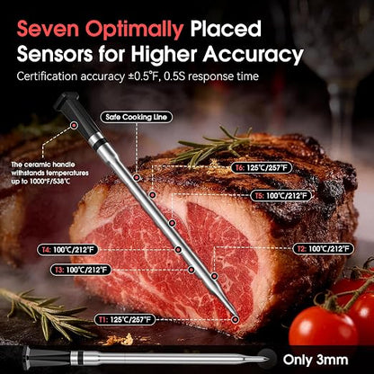 Smart WiFi Wireless Meat Thermometer, Sub-1G 656FT Range, 7-Sensor Probe, Standalone LED Base, IP68 Waterproof, APP Remote for BBQ Grill Smoker Oven