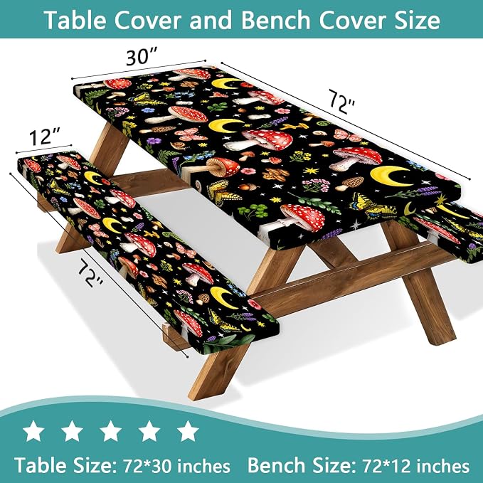 Picnic Table Cover with Bench Covers,Camping Essentials, Mushroom Floral Butterfly Waterproof Windproof Fitted Outdoor Tablecloth with Elastic Edge Rectangle Table for Indoor Outdoor, 3PCS, 30x72 Inch