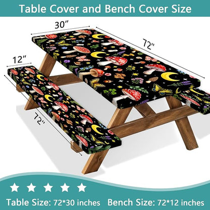 Picnic Table Cover with Bench Covers,Camping Essentials, Mushroom Floral Butterfly Waterproof Windproof Fitted Outdoor Tablecloth with Elastic Edge Rectangle Table for Indoor Outdoor, 3PCS, 30x72 Inch