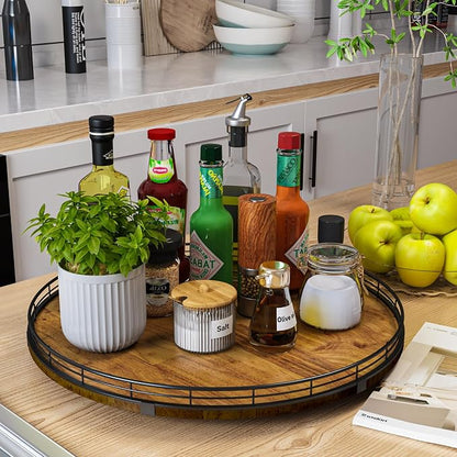 AMH 18-Inch Farmhouse Oak Lazy Susan Organizer, Walnut Finish | Smooth rotating oak tray with walnut finish for dining tables, kitchen counters, pantries and cabinet storage.
