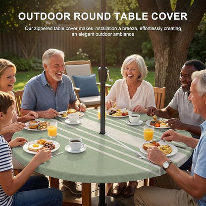 Outdoor Fitted Tablecloth with Umbrella Hole and Zipper, Sage Green Beige Striped Elastic Round Patio Table Cover, Farmhouse Retro Lines Modern Table Protector for Backyard BBQ Party 31''-35''