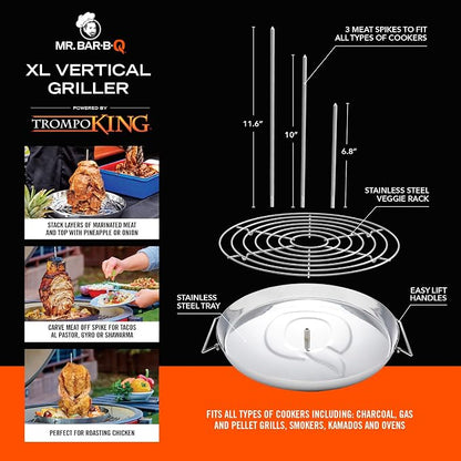 Mr. Bar-B-Q Extra Large Vertical Griller Powered by Trompo King | For Tacos Al Pastor, Shawarma, Kebabs, Gyro, Vertical Stand with 3 Sized Spikes