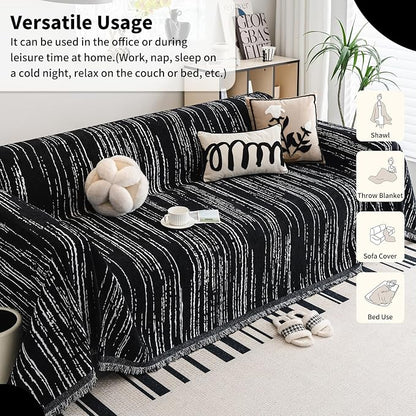 WEYOND Chenille Couch Cover Tassels, Sofa Cover Washable, 71" x 134", Black | Pet Friendly Sofa Slipcover for Sectional Sofa, Loveseat, 2 or 3 Cushion Couch, Corner Sofa, Futon Cover