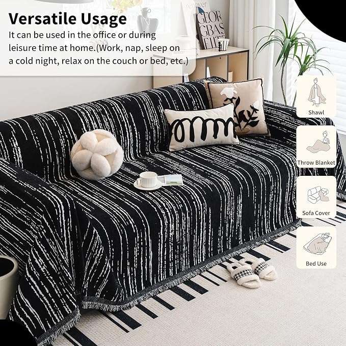 WEYOND Chenille Couch Cover Tassels, Sofa Cover Washable, 71" x 118", Black | Pet Friendly Sofa Slipcover for Sectional Sofa, Loveseat, 2 or 3 Cushion Couch, Corner Sofa, Futon Cover