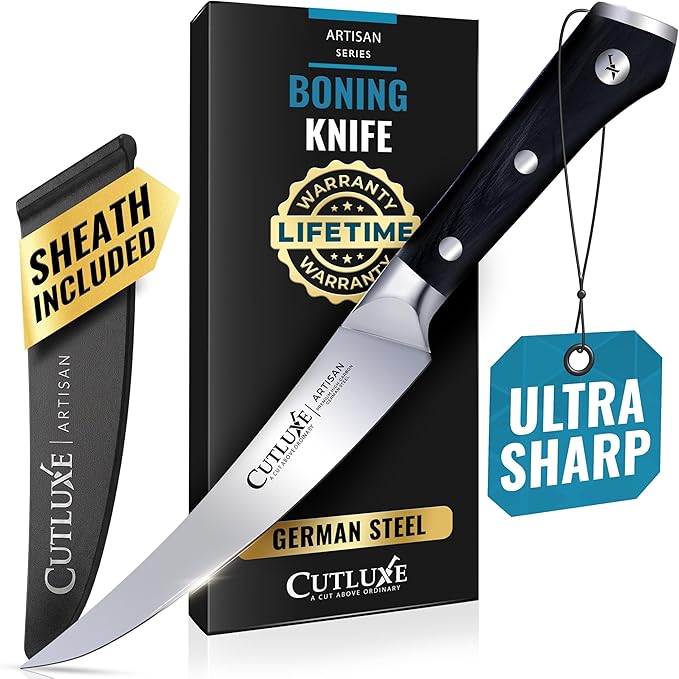 Cutluxe Curved Boning Knife – 6" Boning Knife for Meat Cutting, Filleting – High Carbon German Steel, Full Tang & Ergonomic Handle Design – Artisan Series