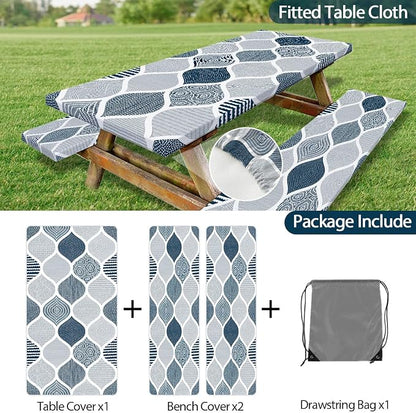 JAWO Blue and Grey Picnic Table Cover with Bench Covers, Modern Camping RV Essentials Gear Supplies Outdoor Waterproof Windproof Tablecloth with Elastic, 96in