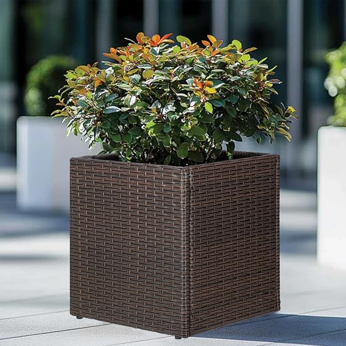 SUNNYPARK Brown Square Planter Box Rattan for Outdoors 17x17x18inch | All-Weather, Handmade PE Rattan, Removable Liner, Indoor Outdoor, Patio Porch Garden, Modern Design for Plants Flowers