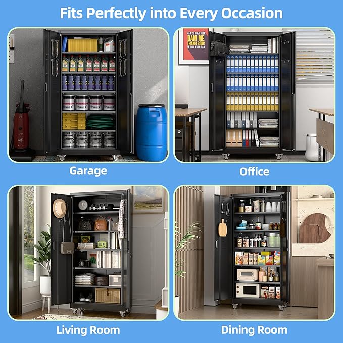 Aobabo Upgrade 71H''*32''W*16''D Metal Garage Storage Cabinet with Wheels and Pegboards, 5 Adjustable Shelves Steel Storage Cabinets for Garage,Warehouse, Black, Assembly Required