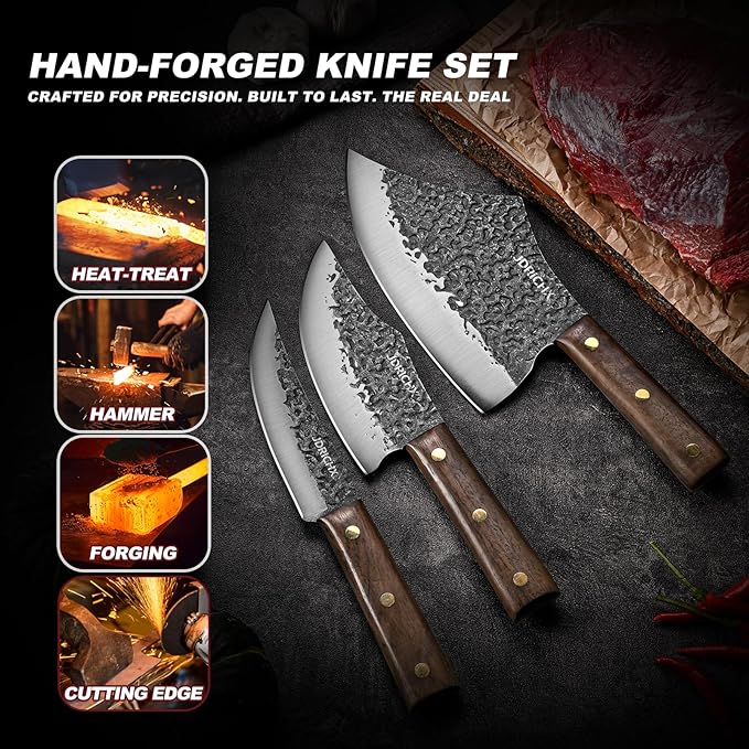 3PCS Butcher Knife Set, Hand Forged Meat Cleaver & Boning Knife Set with Full Tang Handle, High Carbon Steel BBQ Knife Set for Meat Cutting, Camping, Outdoor Cooking & Gifts for Men