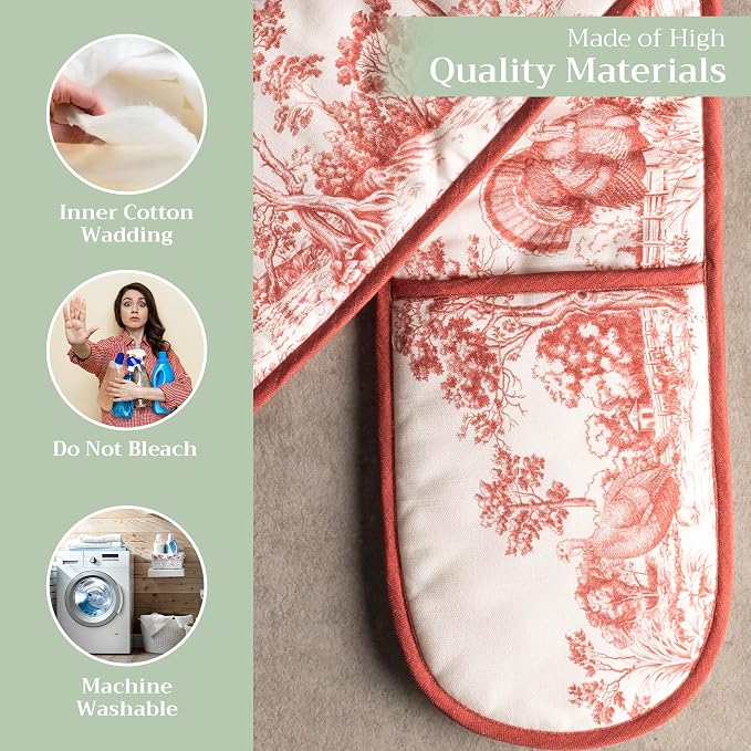 Maison d' Hermine Double Oven Mitts 100% Cotton Double Oven Glove (7"x35") | Heat Resistant BBQ Cooking Gloves with Loop Baking Kitchen Home Hotel Farmhouse Thanksgiving Christmas - Holy Jouy - Red
