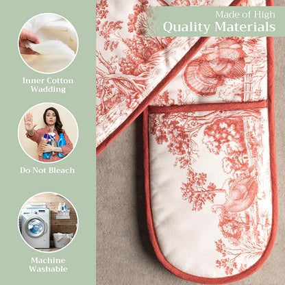 Maison d' Hermine Double Oven Mitts 100% Cotton Double Oven Glove (7"x35") | Heat Resistant BBQ Cooking Gloves with Loop Baking Kitchen Home Hotel Farmhouse Thanksgiving Christmas - Holy Jouy - Red