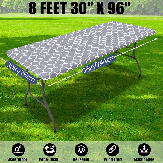 Smiry 2 Pack Rectangle Table Cloth 8 Foot, Waterproof Elastic Fitted Tablecloths, Windproof Washable Polyester Table Cover for Picnic, Camping, Outdoor (Grey, 30"x96")