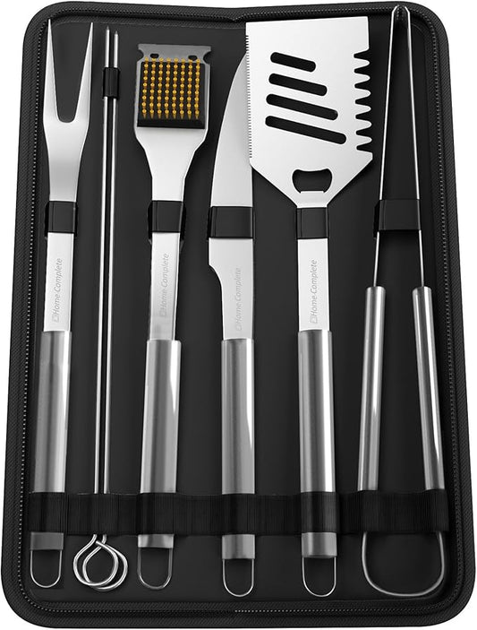 7-Piece BBQ Grill Tool Kit - Stainless Steel BBQ Accessories Kitchen Set with Spatula, Tongs, Fork, Knife, Brush, Skewers, and Case by Home-Complete