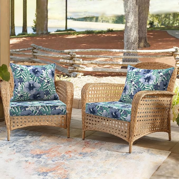 DYTXIII Outdoor Deep Seat Cushion Set, Water Repellent 24"x24" Patio Thick Cushions Replacement with Seat & Back Pillow for Patio Sofa, Wicker Chair, Couch - Blue Salmone Tropical