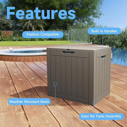 Pepe Tee Waterproof Resin Deck Box, Outdoor Storage Bin with Slatted Texture, All-Weather Patio Side Table & Garden Organizer, Coffee