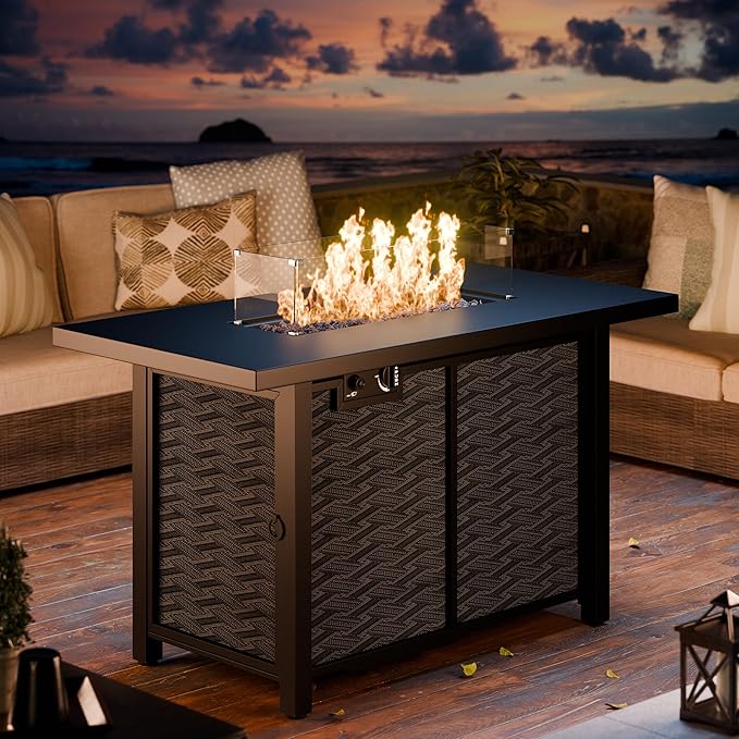 43" Propane Fire Pit Table with Glass Wind Guard & Lid, 50,000 BTU Outdoor Gas Fireplace, Weather-Resistant, Smokeless 2-in-1 Rectangular Coffee Table for Patio Garden