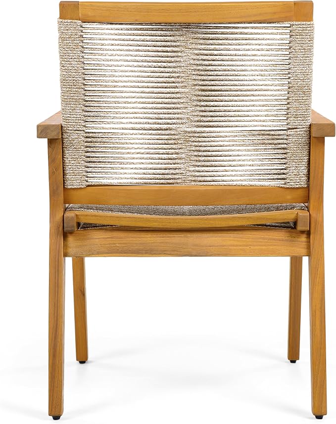 Christopher Knight Home Kita Acacia Wood Patio Dining Chairs Set of 2, Wooden Outdoor Dining Chair Set, Outdoor Kitchen Side Chair with Woven Rope, Teak+Dark Beige