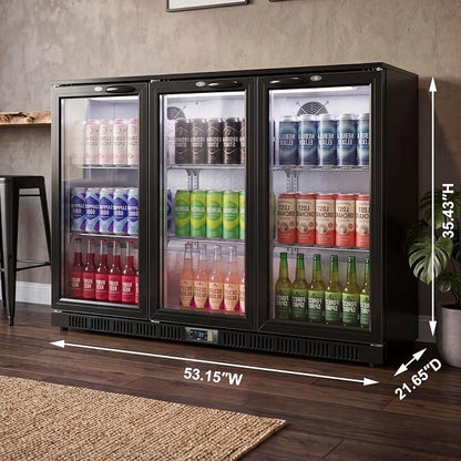 53.15" W Commercial Under Counter Beverage Refrigerator, 3 Glass Door Back Bar Cooler, Built-in/Freestanding 12Cuft Drink Fridge with LED Light, Auto Defrost, Low-E Glass & Safety Lock, Rebound door