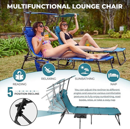 FUNDANGO 4 in 1 Tanning Chair with Face Hole, Beach Lounge Chair with Canopy Shade & Side Table Chaise Lounge Chairs for Patio, Pool, Lawn, Sunbathing, 5-Position Adjustable Sun Lounger, Cyan