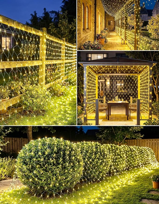 10x10FT Solar Christmas Net Lights Outdoor Waterproof with Remote | 240LED 8 Modes Solar & USB Powered Mesh Lights with Green Wire for Gazebo, Bush, Garden Shrubs, Lawn, Patio Decor, Warm White