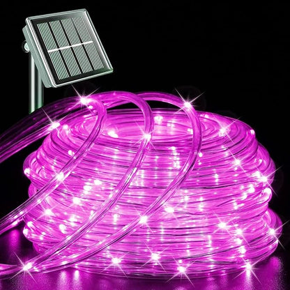 QITONG Pink Solar Rope Lights Outdoor, 66ft 200 LED String Light, 8 Modes Fairy Lights in Clear Thin Tube with 8 Modes