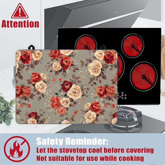 Stove Top Covers for Electric Stove,Vintage Flowers Flat Top Stove Cover,Red Rose Floral Heat Resistant Glass Top Stove Cover Protector Anti-Slip Range Covers, 28 x 20 Inch
