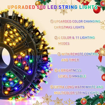 JMEXSUSS 500 LED Color Changing Christmas Lights Outdoor with Remote | 173ft Warm White & Multicolor String Lights, Waterproof Christmas Tree Lights Plug in for Party Christmas Indoor Decor