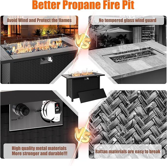 45 inch Outdoor Propane Fire Pit 50,000 BTU Gas Fire Pit Table with Lid, Glass Wind Guard, Waterproof Cover, Rectangle Gas Firepit Table for Garden/Patio, CSA Certification
