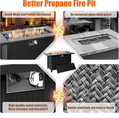 45 inch Outdoor Propane Fire Pit 50,000 BTU Gas Fire Pit Table with Lid, Glass Wind Guard, Waterproof Cover, Rectangle Gas Firepit Table for Garden/Patio, CSA Certification