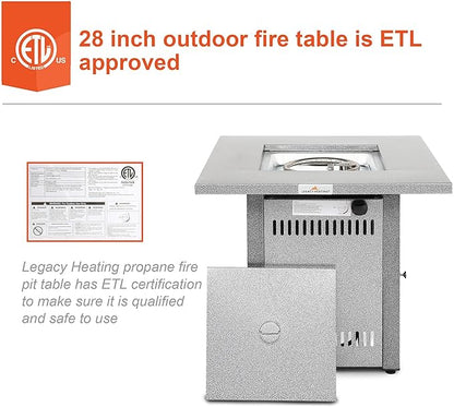 Fire Pit Table, Gas Firepit Square Steel Fire Pit Outdoor Fireplace for Patio with Pulse Ignition System, Small Fire Pit for Deck and Garden, 50000BTU, Silver Grey