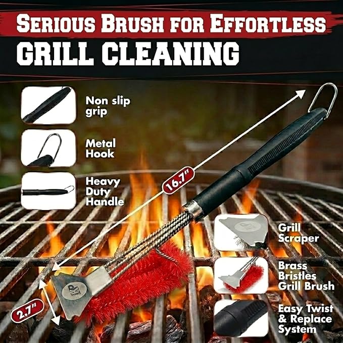 KITCHEN PERFECTION Nylon GrillSaver - Safe BBQ Grill Brush with Replaceable Cleaning Head -Heavy-Duty Grill Cleaner w/Scraper for Porcelain & Ceramic Grates, Includes Magnetic Hanger & Bottle Opener
