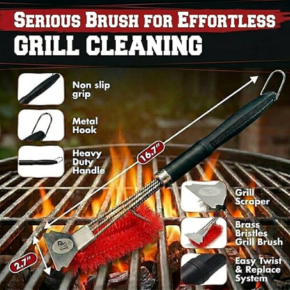 KITCHEN PERFECTION Nylon GrillSaver - Safe BBQ Grill Brush with Replaceable Cleaning Head -Heavy-Duty Grill Cleaner w/Scraper for Porcelain & Ceramic Grates, Includes Magnetic Hanger & Bottle Opener